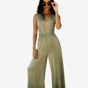 12th TRIBE NWOT HALTER JUMPSUIT FLOWY WIDE LEG BODYCON CHIC 70's FESTIVAL SMALL